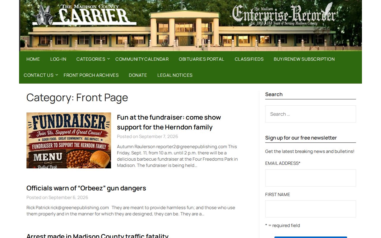 Greene Publishing local news page used as a secondary Madison County arrest-report source